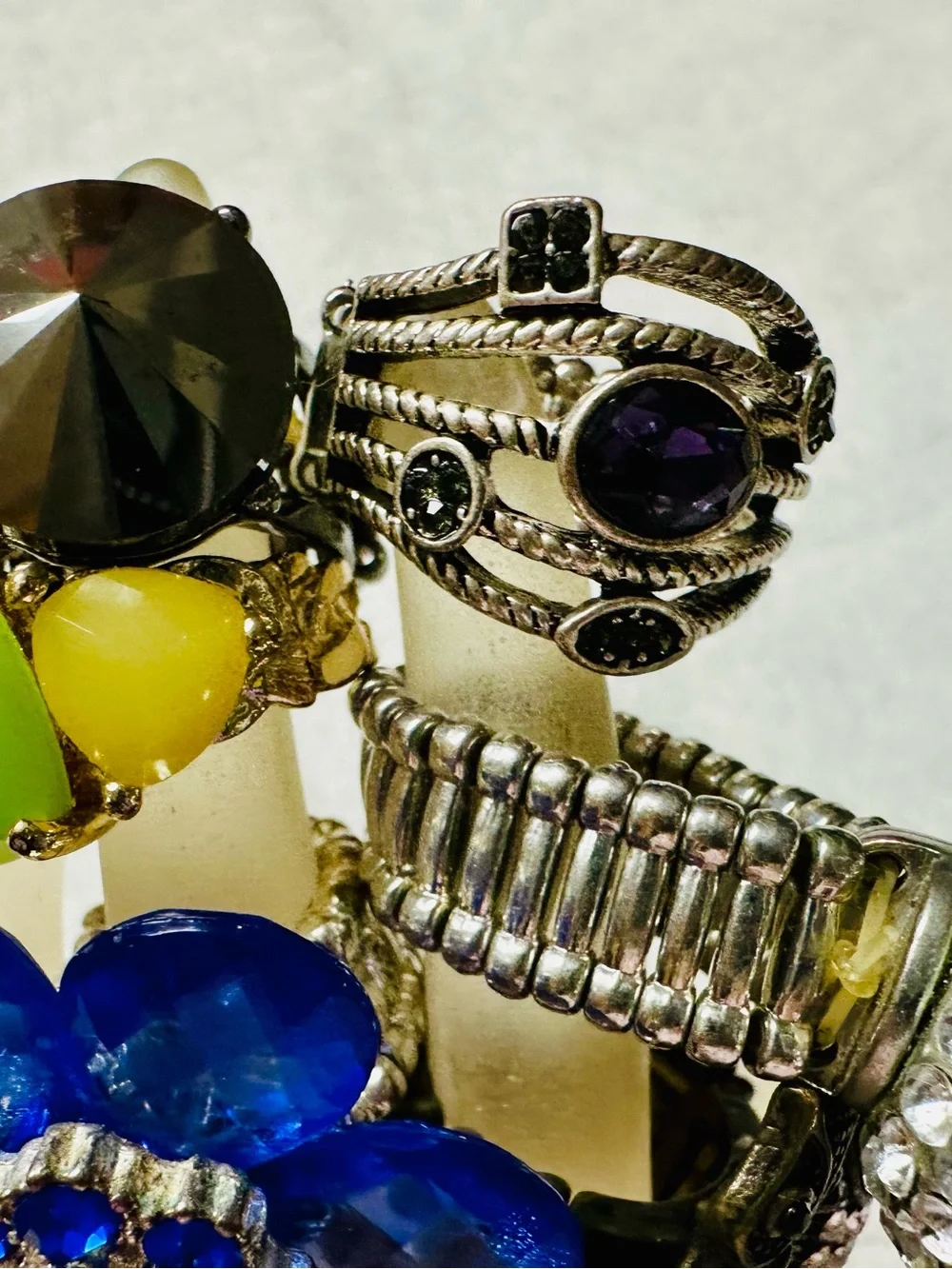 Fun Costume Stretch Rings Blue Flower Owls Rhinestones